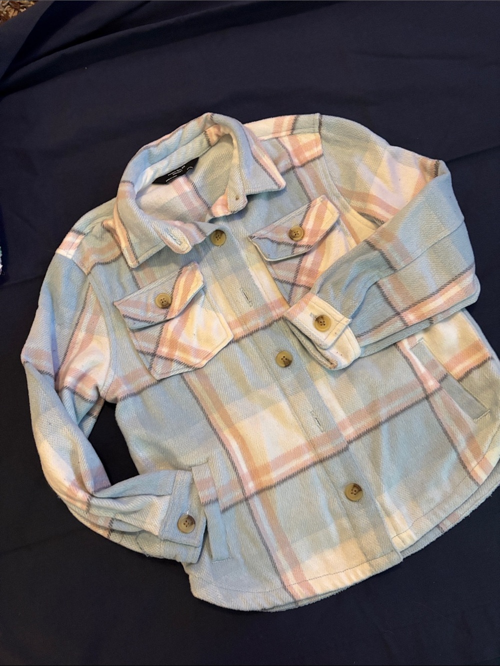 Kids Plaid Shacket Jacket in Pastel Blue & Cream